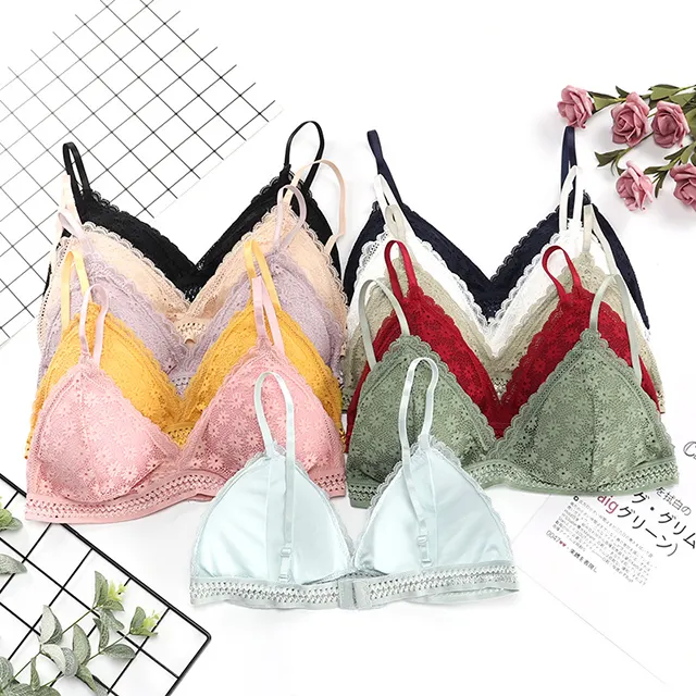 Wholesale Lace Wire Free Lingerie Triangle Cups Nylon Bra With Removable Padded Underwear For Women