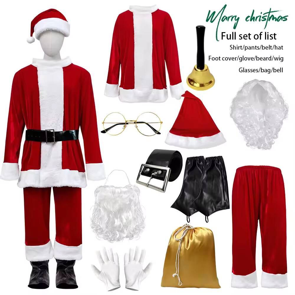 Ensemble complet rouge [perruque + lunettes + sac en tissu + cloche + haut + pantalon + ceinture]