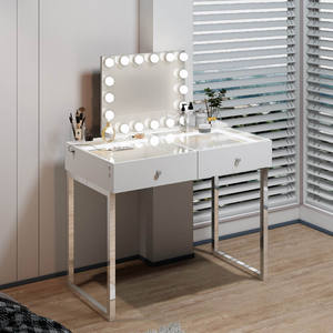 Cómoda Simple Moderna de 2 Cajones con Pierna de Hierro, Espejo de Vanidad, Silla, Panel de Estilo de Madera para Dormitorio, Hotel, Apartamento, Almacenamiento - Product Image 5