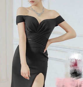 女式露肩缎面晚礼服，褶皱镂空自然腰线侧开衩修身鱼尾礼服，正式舞会晚宴 - Product Image 3