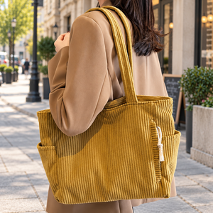 Durable Soft Corduroy Women's <b>Summer</b> Portable Casual Multi-Compartment Zipper Closure Commute <b>Shoulder</b> Tote <b>Bag</b> - Product Image 5
