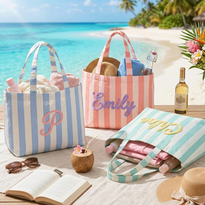 Bolsos de Mano Personalizados Plegables para Mujer, con Logotipo Impreso Personalizado, Bordado, a Rayas, de Lona, para la Playa, de Lujo - Product Image 1