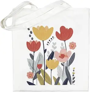 定制设计标志彩色花朵图案棉包织物帆布手提袋，带定制印花标志，适合女性