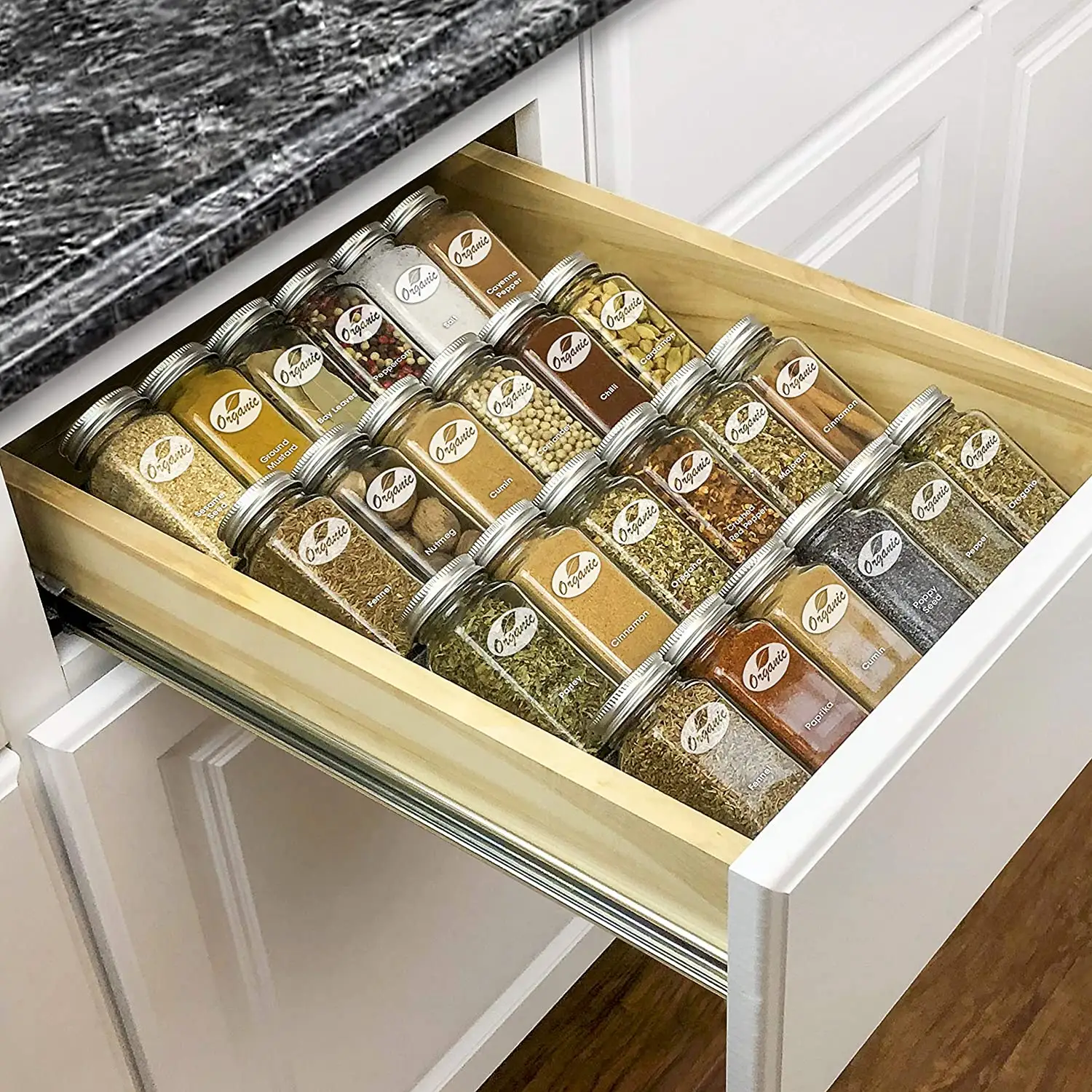 Spice Rack Tray - Heavy Gauge Steel 4 Tiers Spice Organizer Equip for Kitchen Cabinets Sliding Drawer