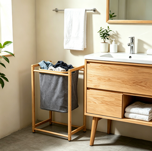 Cesto portabiancheria singolo autoportante in bambù con cesto portaoggetti in tessuto <span class=keywords><strong>grigio</strong></span> per <span class=keywords><strong>bagno</strong></span>, organizer per vestiti di grande capacità - Product Image 2