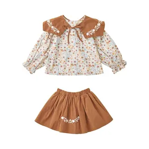 C1740 Vintage Stijl Kids Kleding Set Meisjes 2 Stuks Set 100% Katoen Blouse En Jurk Set