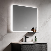 Meuble-lavabo de salle de bain gris foncé ultra-plat suspendu avec panneaux géométriques en relief et miroir LED à capteur tactile