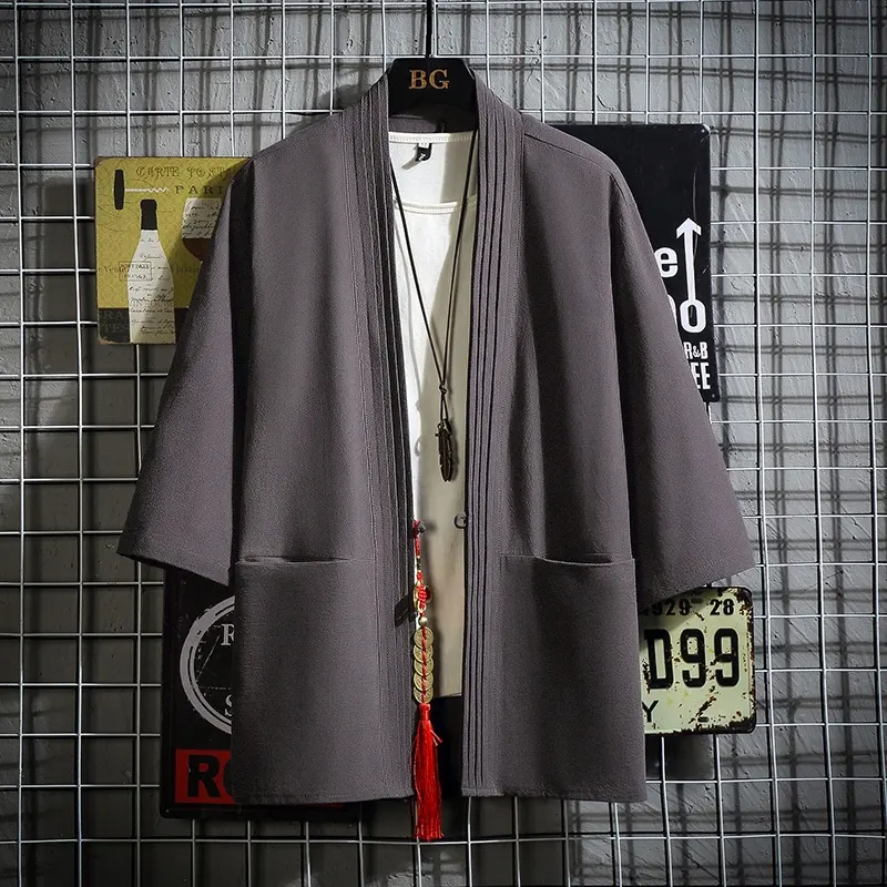 Men's Kimono Cardigan Jackets Casual Cotton Linen Open Front Japanese Yukata Lightweight Seven Sleeves Coat