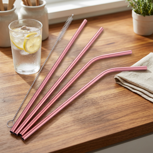Rose Gold <b>Metal</b> Drinking <b>Straws</b> 4 Pack Reusable Bar Accessories Minimalist Style - Product Image 6