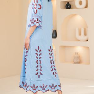 Elegante Vestido Personalizado de Lino y Algodón con Cuello Redondo, Dobladillo Festoneado, Manga Corta, Midi, Vestido de Verano para Mujer - Product Image 3