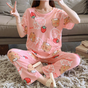 Ensemble de pyjamas manches courtes à imprimé complet, 2 pièces, taille élastique, doux, lait, soie, dessins animés coréens pour chambre d'étudiants - Product Image 5