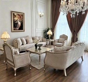 Sofá de Lujo de Madera Maciza Francesa, Color Dorado Champán, Sofá Informal para Sala de Estar, Tela Jacquard - Product Image 2