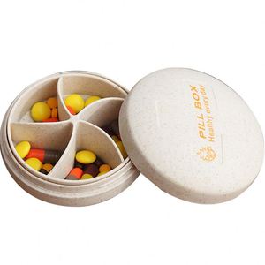 Boîte à pilules de voyage portable de petite taille à 5 compartiments en forme ronde en paille de blé, très vendue - Product Image 1