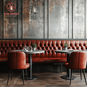 Conjunto de Muebles Comerciales para Restaurante: Sofá de Cuero Rojo con Base Redonda de Metal, Mesas de Mármol y Sillas Rojas a Juego para Cafetería - Product Image 2