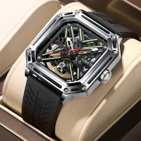 Montre squelette mécanique automatique de luxe pour hommes, carrée, 43mm, cristal saphir, résistante à l'eau 5ATM, acier inoxydable, silicone