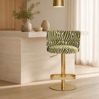 Tabouret de bar pivotant moderne en velours à motif zèbre olive, dossier bas rembourré, piétement annulaire doré, repose-pieds, réglage hydraulique, pour la maison