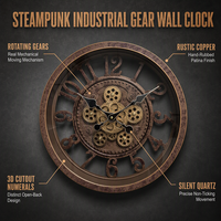 Jam Dinding Retro Cokelat Besi Berongga Gaya Steampunk dengan Roda Gigi Tunggal, Desain Openwork 3D Roda Gigi Terlihat, Senyap Tanpa Suara Tik-tok, Quartz, untuk Ruang Tamu