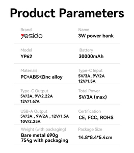 Sạc dự phòng Yesido YP62 30000mAh PD 20W + SCP 22.5W sạc nhanh, thiết kế đa cổng, màn hình lớn độ phân giải cao - Product Image 5
