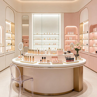 Comptoir de présentation en bois massif pour magasin de cosmétiques, design d'intérieur moderne et luxueux, boutique de beauté haut de gamme, solution tout-en-un