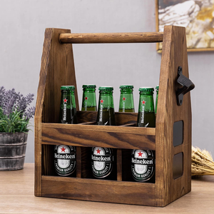 Porte-bière rustique en bois brun foncé brûlé avec ouvre-bouteille en fonte et porte-vin magnétique - Product Image 2