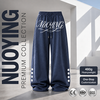 Celana Jogger Pria Navy Blue Washed Wide Leg dengan Kancing Samping, Logo Script Grunge Y2K Streetwear, Grosir Celana Pria Custom