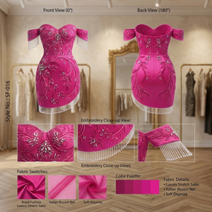 Vestido de Cóctel Moderno Color Fucsia Real, Satinado, con Hombros Descubiertos, Flecos de Cristal y Borlas, Elegante para Fiestas y Eventos Especiales - Product Image 2