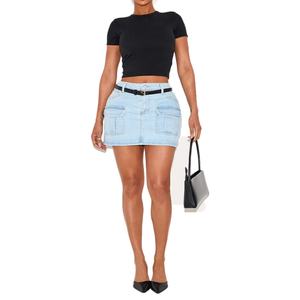 กระโปรงยีนส์คาร์โก้สั่งทำพิเศษสำหรับผู้หญิง ผ้าฝ้าย 100% สีฟ้าอ่อนวินเทจ ทรงเอวสูง มีกระเป๋าหลายช่อง กระโปรงสั้นผู้หญิง - Product Image 1