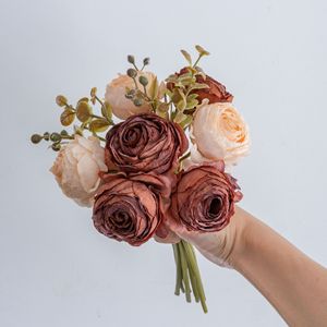 Bouquet de roses artificielles Huaying Weaves, rouge vin, blanc laiteux, violet clair, marron, décorations de mariage faites à la main, style Ins, vert - Product Image 2