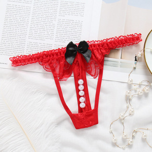 Lencería Femenina Sensual y Transparente con Perlas, Diseño Abierto en la Entrepierna, Tanga de Cintura Baja con Encaje Fino - Product Image 2