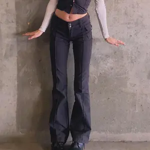 XINBO 90er Jahre Mode Indie E-Girl Taschen Solid Vintage Y2k Hosen Schlanke schwarze Hosen Niedrige Taille Großhandel Custom Flared Pants Frauen