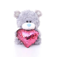 Peluche Teddy Qbeba Grise Moderne avec Cœur à Paillettes Réversibles Rose Arc-en-ciel Rouge 6 Pouces pour Décoration de Bureau et Souvenir
