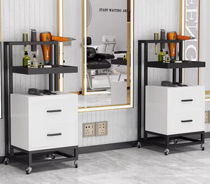 Chariot de beauté professionnel mobile en MDF blanc et métal doré, mobilier de salon, chariot à roulettes - Product Image 5