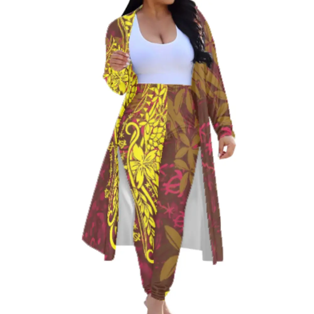 POD Sexy Polynesian Printed Cardigan Sets Women 2 Piece Plus Size Long Sleeve Womens Clothing 2022 2 Piece Outfit Two Piece Sets