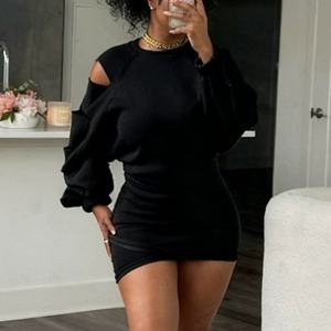 Winter New Arrival Women's Casual Sexy Dress 100% French Terry Cotton Crew Neck Hollow Long Sleeve Dress Everyday Street Dress - Product Image 3