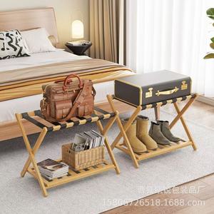 Porte-bagages en bois à double couche, pliable, support de rangement portable pour chambre d'hôtel, couleur bois naturel - Product Image 2