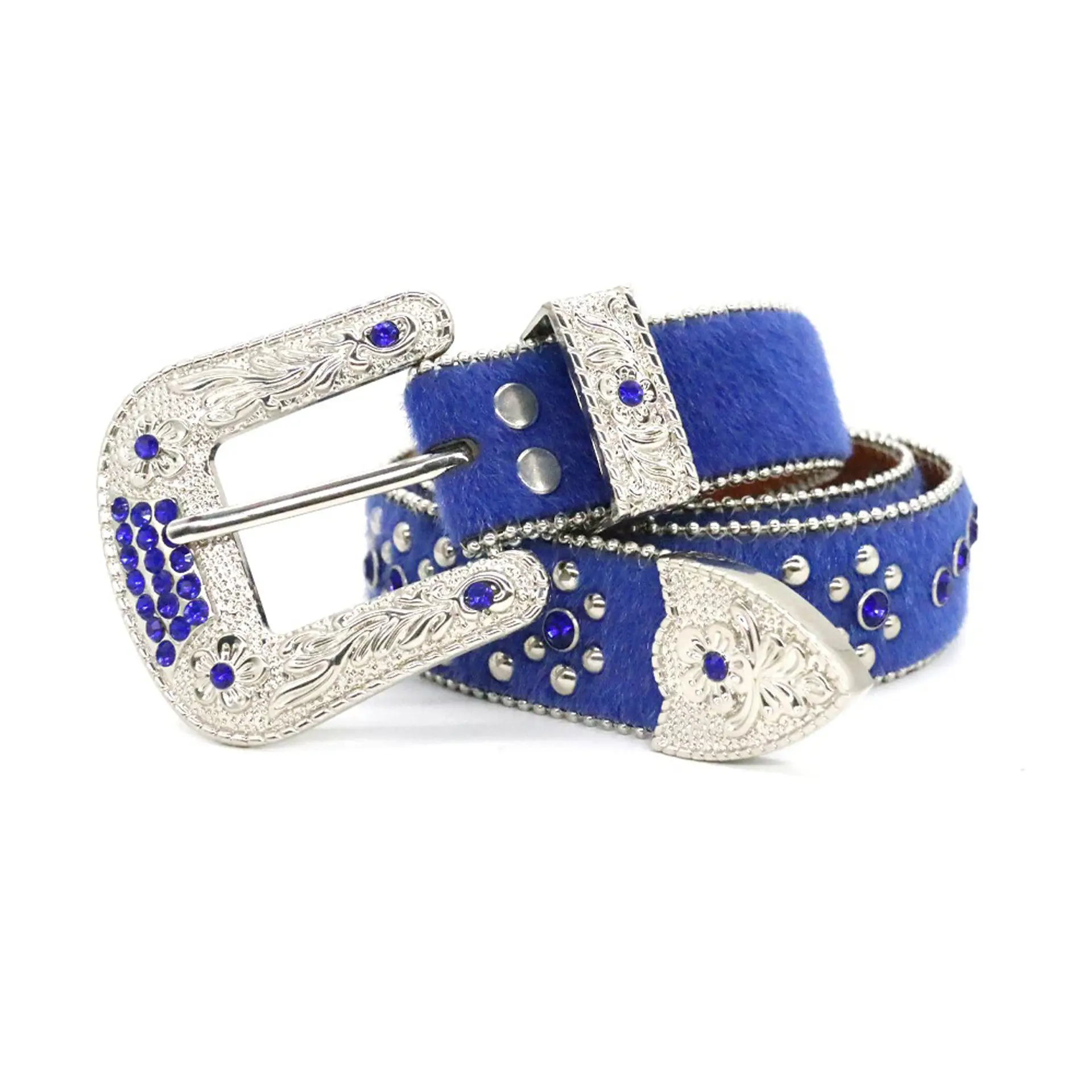 حزام الماس الملكي الأزرق الشعر الحصان مع الفضة الأزهار محفورة مشبك الكلاسيكية