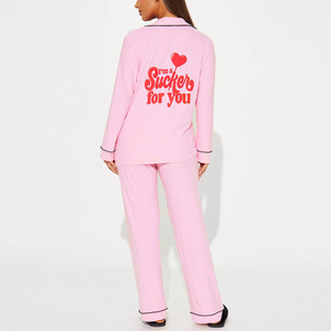 OEM Custom Printing V-Neck Solid Color Long-Sleeved Long Pants Woven <strong>Thermal</strong> Summer Pajamas Women's Sleepwear Two-piece Set - Product Image 5