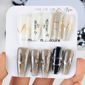 Faux ongles à presser faits main, couvrance totale, forme cercueil longue, en acrylique de luxe, avec papillons 3D et French manucure, haute qualité, pour vente en gros - Product Image 1