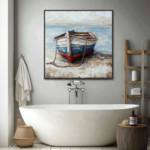 Art mural moderne de l'océan côtier décor de salle de bain en acrylique peint à la main avec des bateaux sur des peintures de paysages marins sur toile de plage - Product Image 3