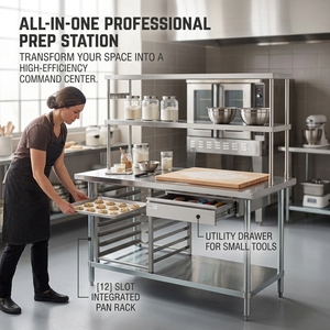 Table de travail commerciale en acier inoxydable avec étagère inférieure, étagère supérieure, tiroir, porte-plats, porte-bacs pour cuisine, restaurant, hôtel, traiteur - Product Image 1