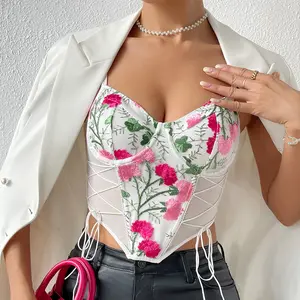 Chuangerm Deep Love Sexy Women's Sexy Floral Lace Corset Strapless Sleeveless Streetwear Y2k Crop Tube Top