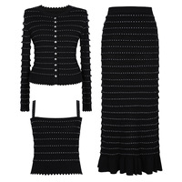 Nouvelle Collection 2026 : Ensemble Tricoté Tendance pour Femme avec Strass Thermocollés, Luxe Scintillant, Idéal Soirée et Célébrité, Jupe et Trois Pièces