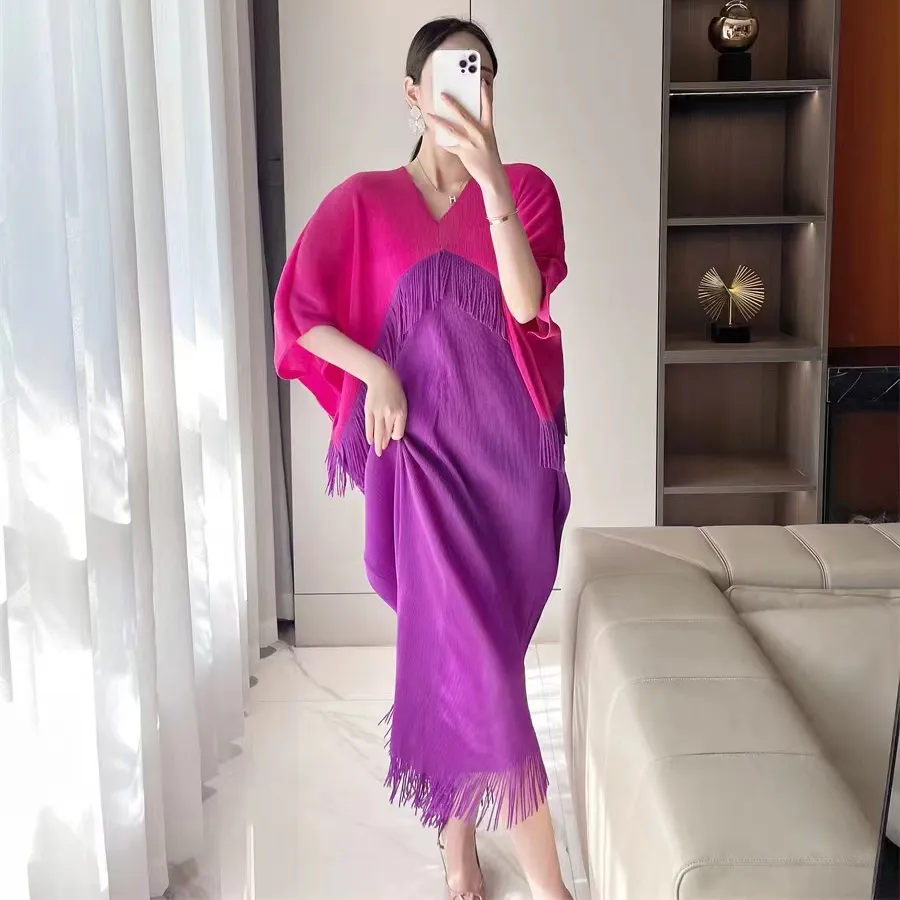 2023 Newestt Design Free Size Fashion Women Lady Elegant Wear Miyake Long Fringe Dresses Contrast Color Pleated Evening Dresses