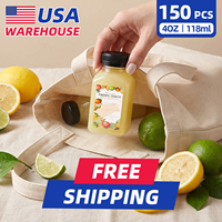 Lot de 150 bouteilles de jus en plastique transparent de 4 oz, contenants carrés en PET pour boissons, bouteilles avec bouchons pour bar, café, à emporter