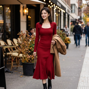 เดรสไหมพรมคอเหลี่ยมสีแดงสุดหรู แขนยาว ทรงเข้ารูป ติดกระดุม ความยาวปานกลาง สำหรับผู้หญิง ฤดูใบไม้ร่วง - Product Image 4