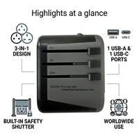 Adaptador de Carga Multi-Voltaje con Pines Retráctiles USB Tipo C, Salida de 12W PD, 20W, 35W para Carga Versátil de Dispositivos