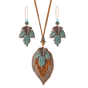 Vintage Boho Leaf Pendant Necklace Set <b>Copper</b> Alloy Turquoise Sweater <b>Chain</b> Women's Fashion Jewelry Autumn Winter Daily Wear - Product Image 5