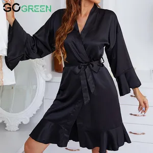 Wholesale Dropshipping Sexy Lady High Quality Long Sleeve Bathrobe Silky Pajamas Dressing Gown Robes