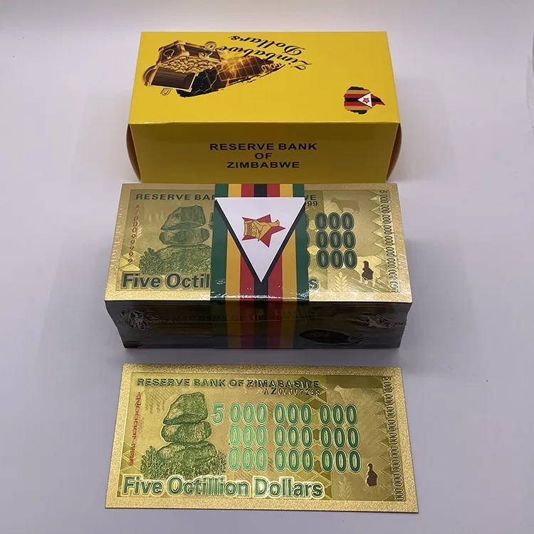 ชุดธนบัตร100 quintillion ดอลลาร์ซิมบาบับเว100ชิ้นธนบัตรแผ่นฟอยล์สีทองพิมพ์ลายด้วยยูวี