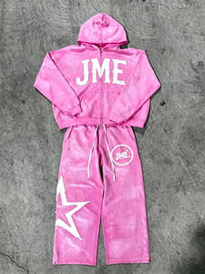 Conjunto de chándal para mujer con sudadera con capucha y cremallera, pantalones de chándal de pierna ancha y parche de aplique de estrella con letras de chenilla, personalizado por el fabricante, en rosa con lavado ácido. - Product Image 1